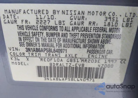 2011 Nissan Sentra 2.0S z USA, uszkodzony, nr VIN 3N1AB6AP5BL640971